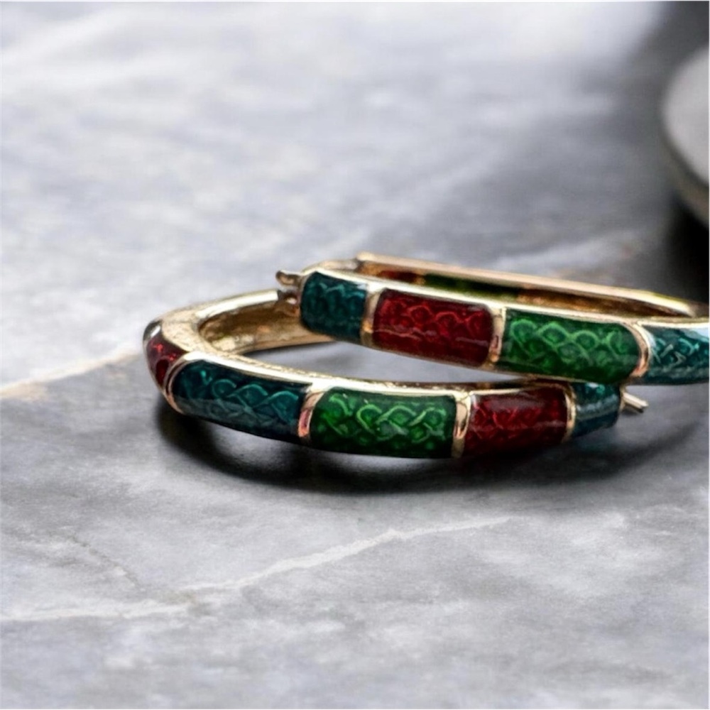 Avon Signature Enamel Mosaic Hoop Earrings Red Green Teal Gold Statement NIB